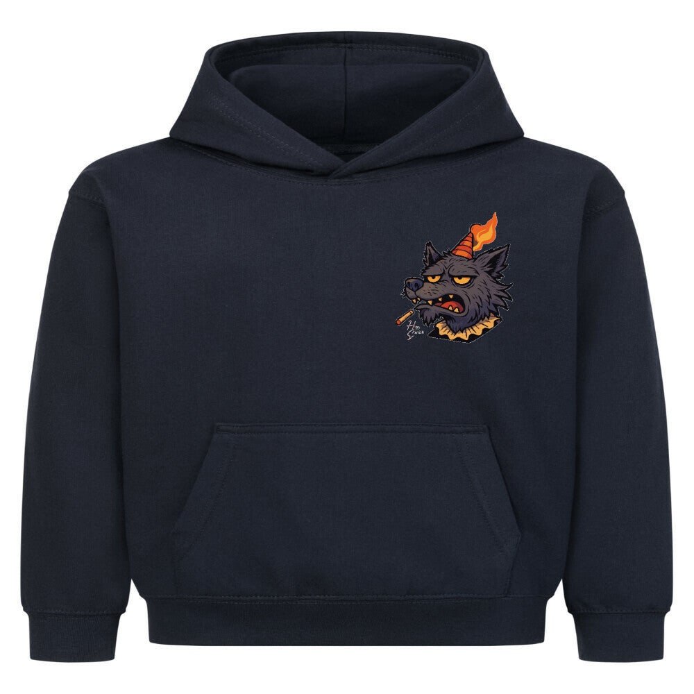 Hoodie Kids in French Navy mit Halloween Wolf Motiv und Hyped Sarcasm Logo auf Brusthöhe Vorderansicht
