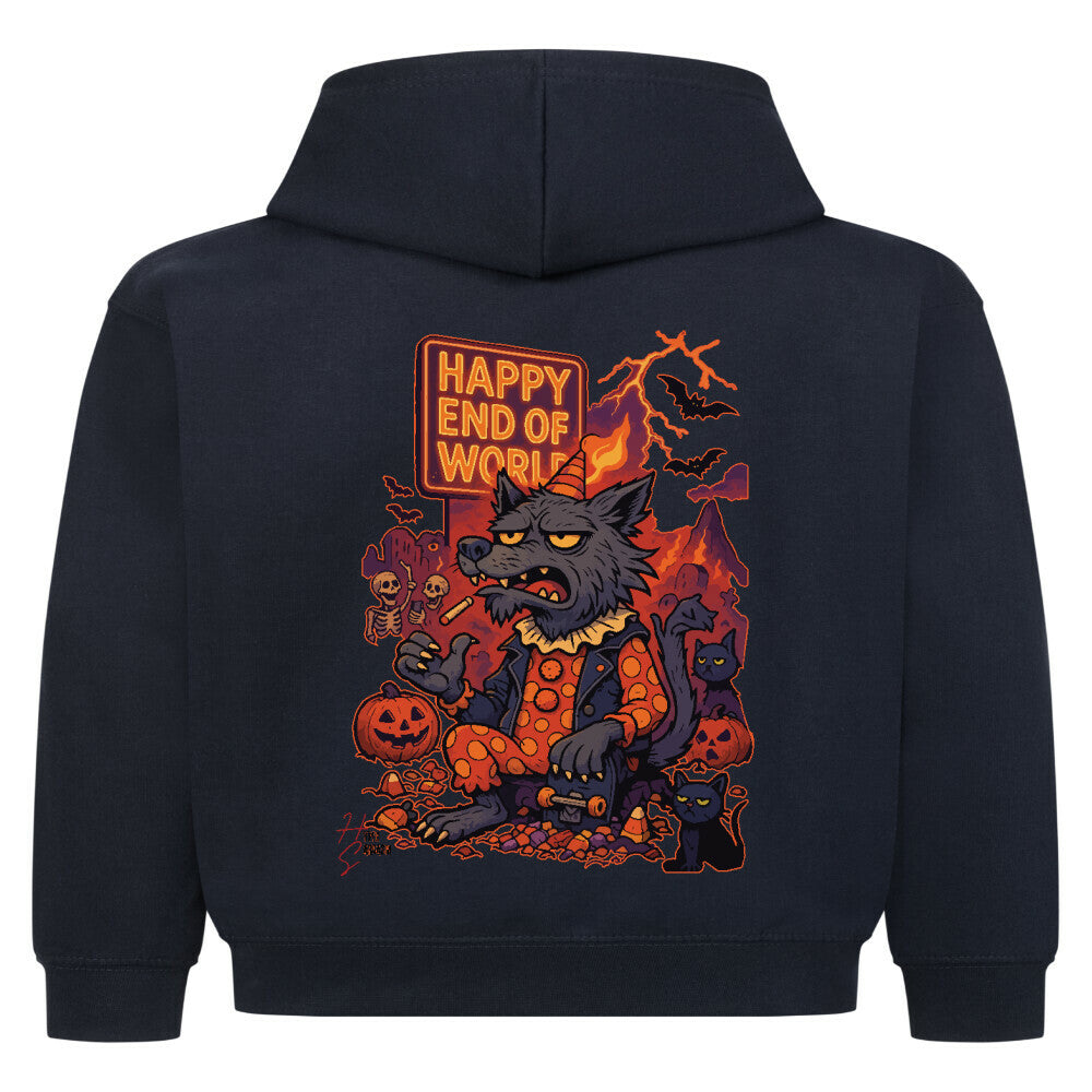 Hoodie Kids in French Navy mit Halloween Wolf Motiv und Hyped Sarcasm Logo Rückansicht