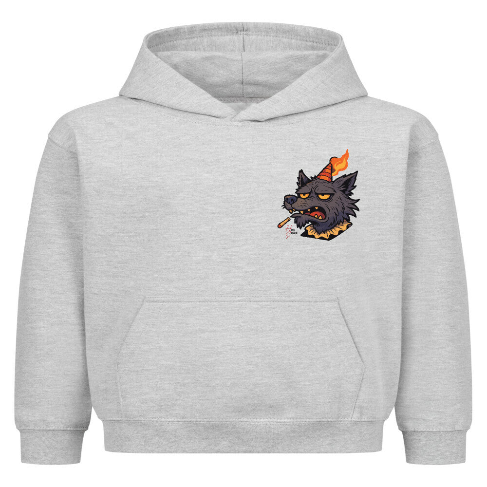 Hoodie Kids in Heather Grey mit Halloween Wolf Motiv und Hyped Sarcasm Logo auf Brusthöhe Vorderansicht