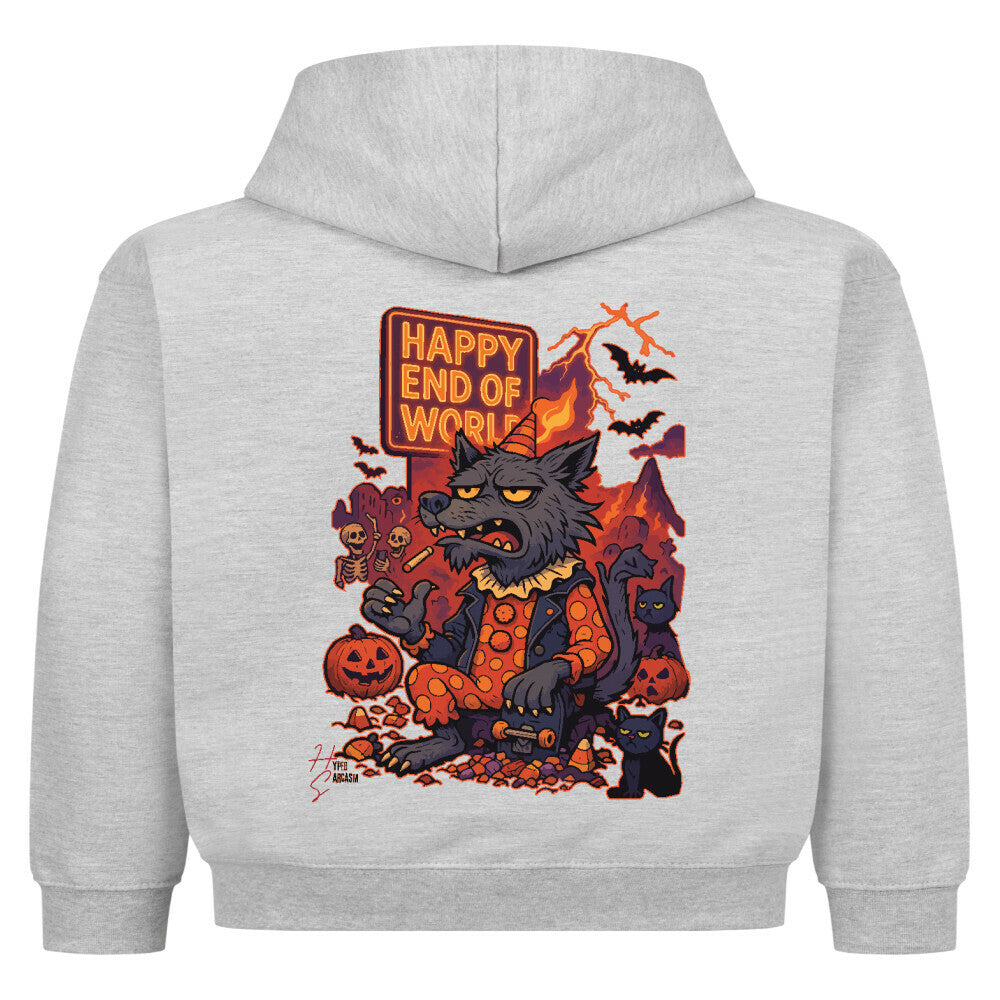 Hoodie Kids in Heather Grey mit Halloween Wolf Motiv und Hyped Sarcasm Logo Rückansicht