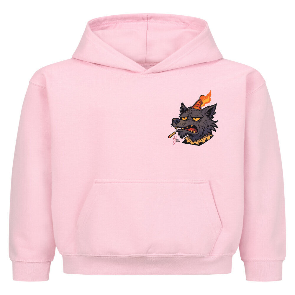 Hoodie Kids in Pink mit Halloween Wolf Motiv und Hyped Sarcasm Logo auf Brusthöhe Vorderansicht