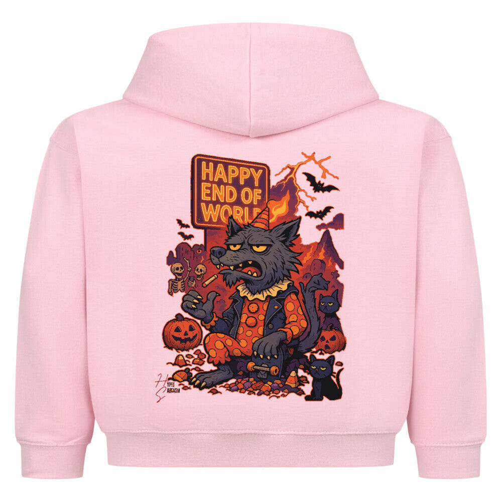 Hoodie Kids in Pink mit Halloween Wolf Motiv und Hyped Sarcasm Logo Rückansicht