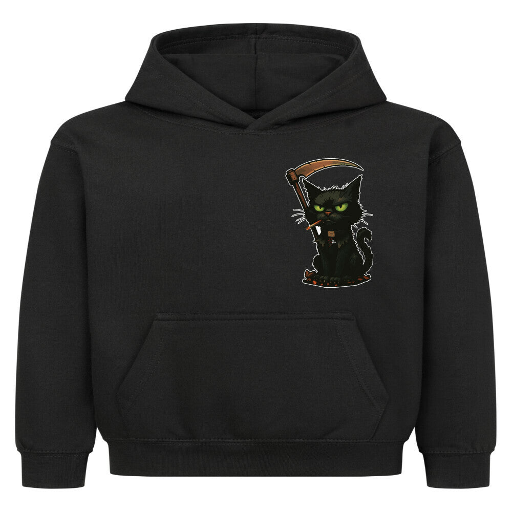 Hoodie Kids in Schwarz mit Halloween Katzen Motiv und Hyped Sarcasm Logo auf Brusthöhe Vorderansicht