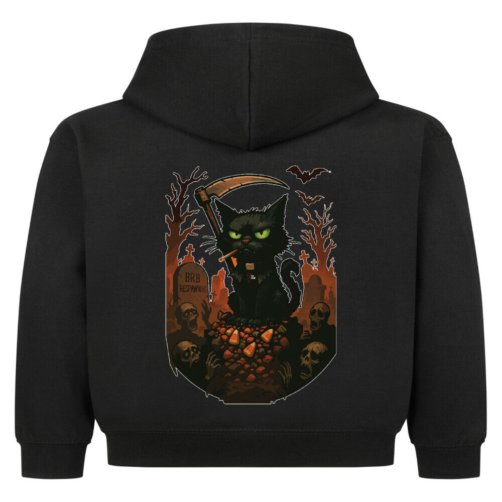 Hoodie Kids in Schwarz mit Halloween Katzen Motiv und Hyped Sarcasm Logo Rückansicht