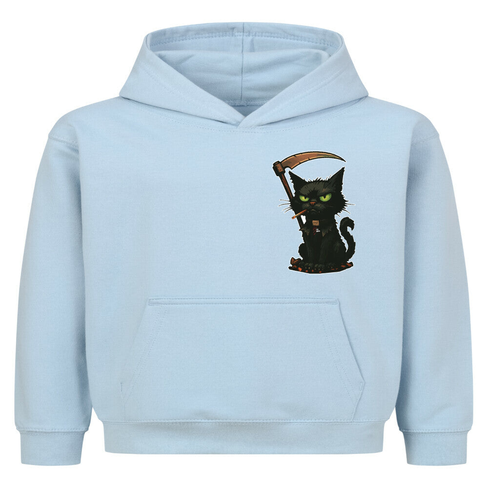 Hoodie Kids in Babyblau mit Halloween Katzen Motiv und Hyped Sarcasm Logo auf Brusthöhe Vorderansicht
