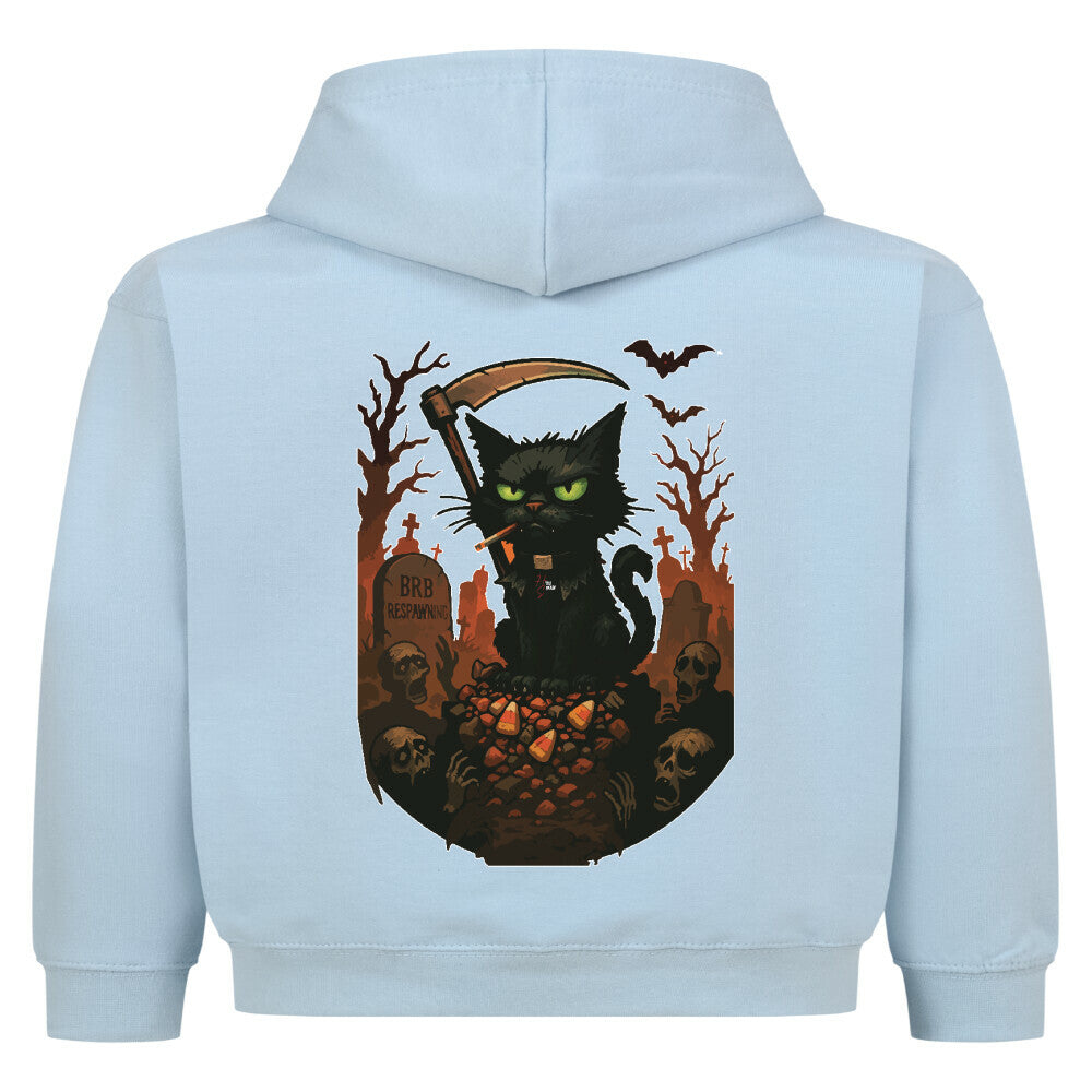 Hoodie Kids in Babyblau mit Halloween Katzen Motiv und Hyped Sarcasm Logo Rückansicht
