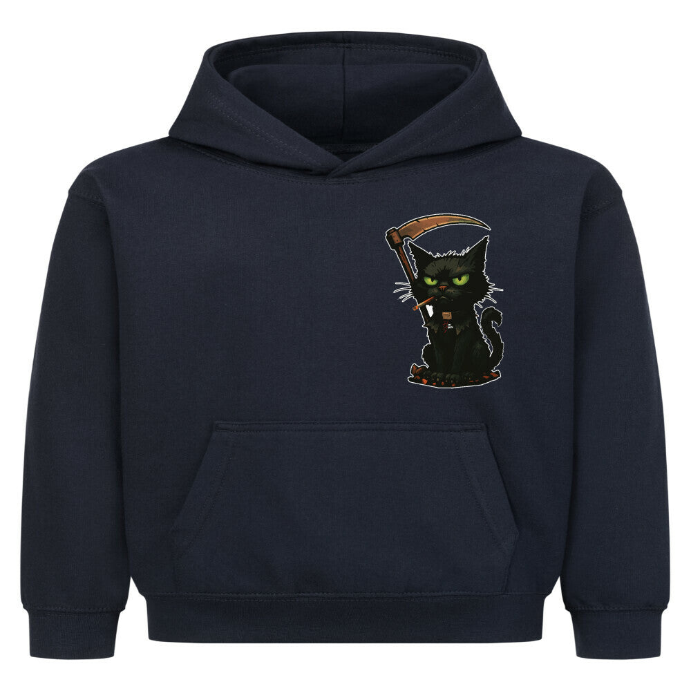 Hoodie Kids in French Navy mit Halloween Katzen Motiv und Hyped Sarcasm Logo auf Brusthöhe Vorderansicht