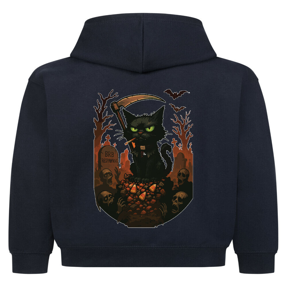 Hoodie Kids in French Navy mit Halloween Katzen Motiv und Hyped Sarcasm Logo Rückansicht