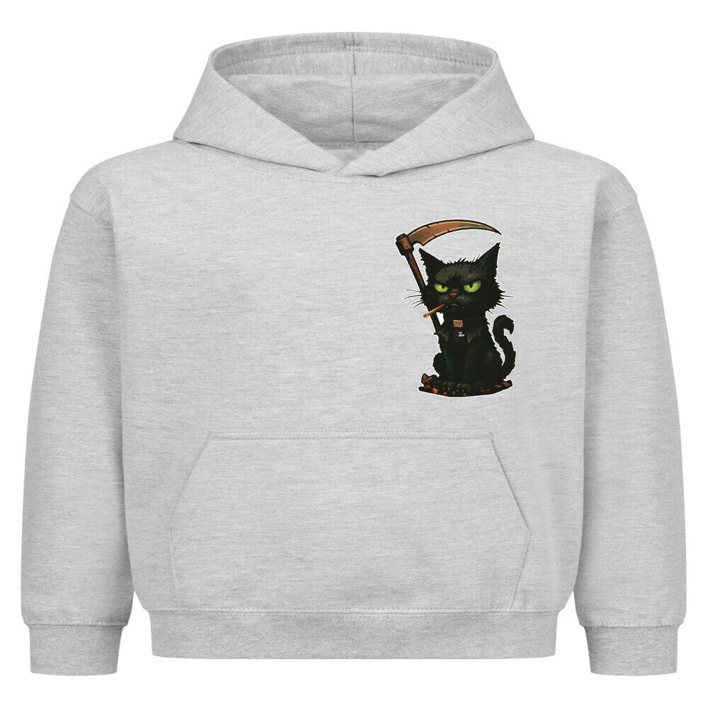 Hoodie Kids in Heather Grey mit Halloween Katzen Motiv und Hyped Sarcasm Logo auf Brusthöhe Vorderansicht