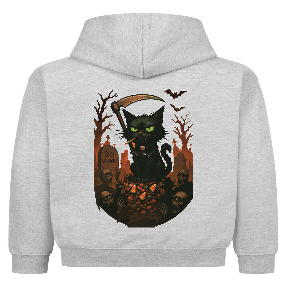 Hoodie Kids in Heather Grey mit Halloween Katzen Motiv und Hyped Sarcasm Logo Rückansicht