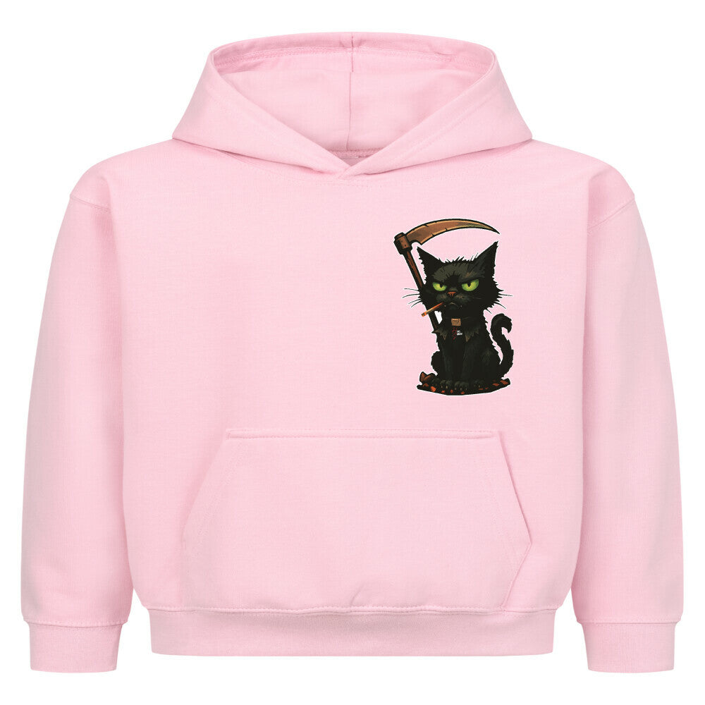 Hoodie Kids in Pink mit Halloween Katzen Motiv und Hyped Sarcasm Logo auf Brusthöhe Vorderansicht
