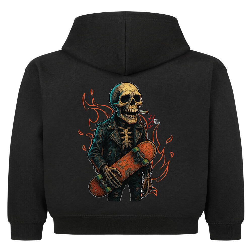 Hoodie Kids in Schwarz mit Halloween Skelett Motiv und Hyped Sarcasm Logo Rückansicht