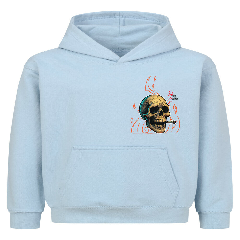 Hoodie Kids in Babyblau mit Halloween Skelett Motiv und Hyped Sarcasm Logo auf Brusthöhe Vorderansicht