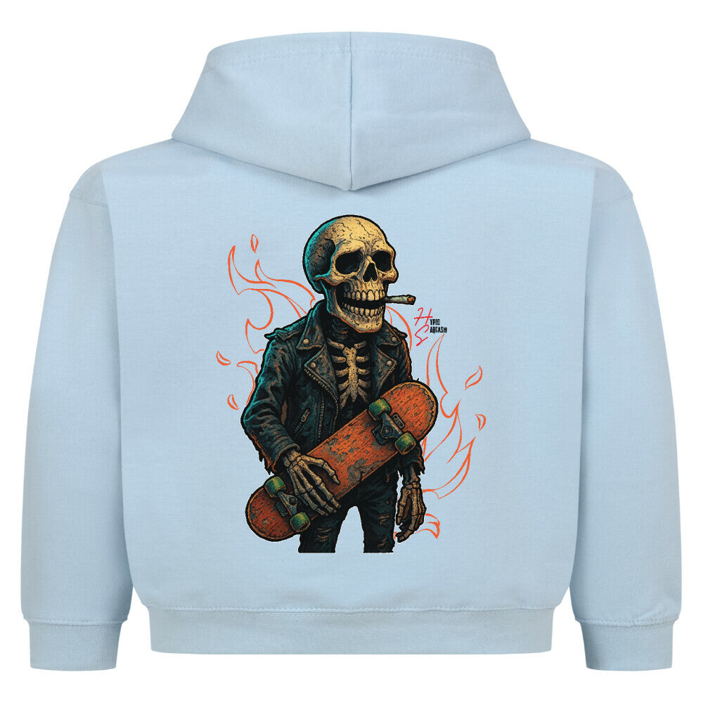 Hoodie Kids in Babyblau mit Halloween Skelett Motiv und Hyped Sarcasm Logo Rückansicht