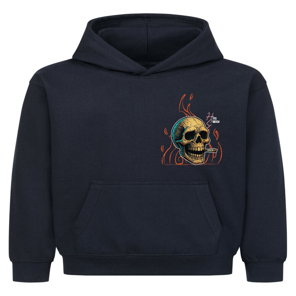 Hoodie Kids in French Navy mit Halloween Skelett Motiv und Hyped Sarcasm Logo auf Brusthöhe Vorderansicht