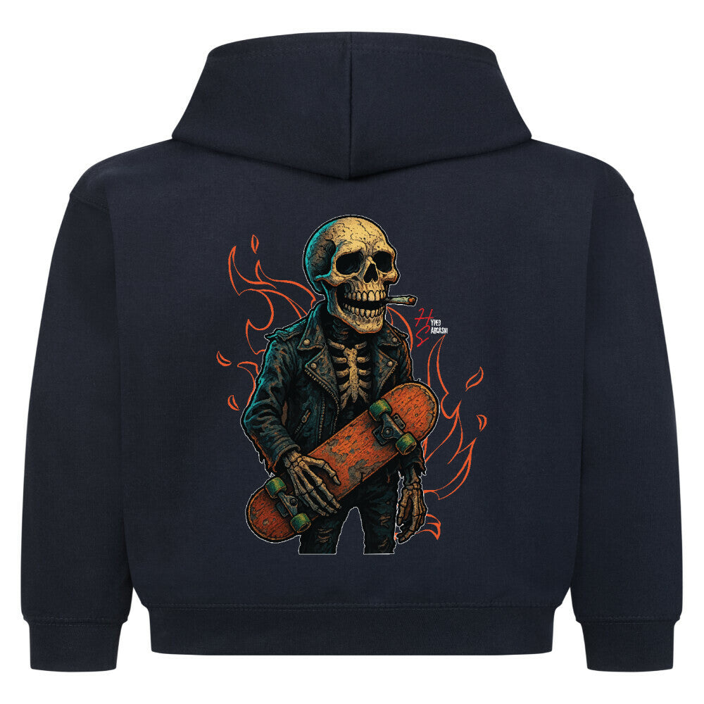 Hoodie Kids in French Navy mit Halloween Skelett Motiv und Hyped Sarcasm Logo Rückansicht