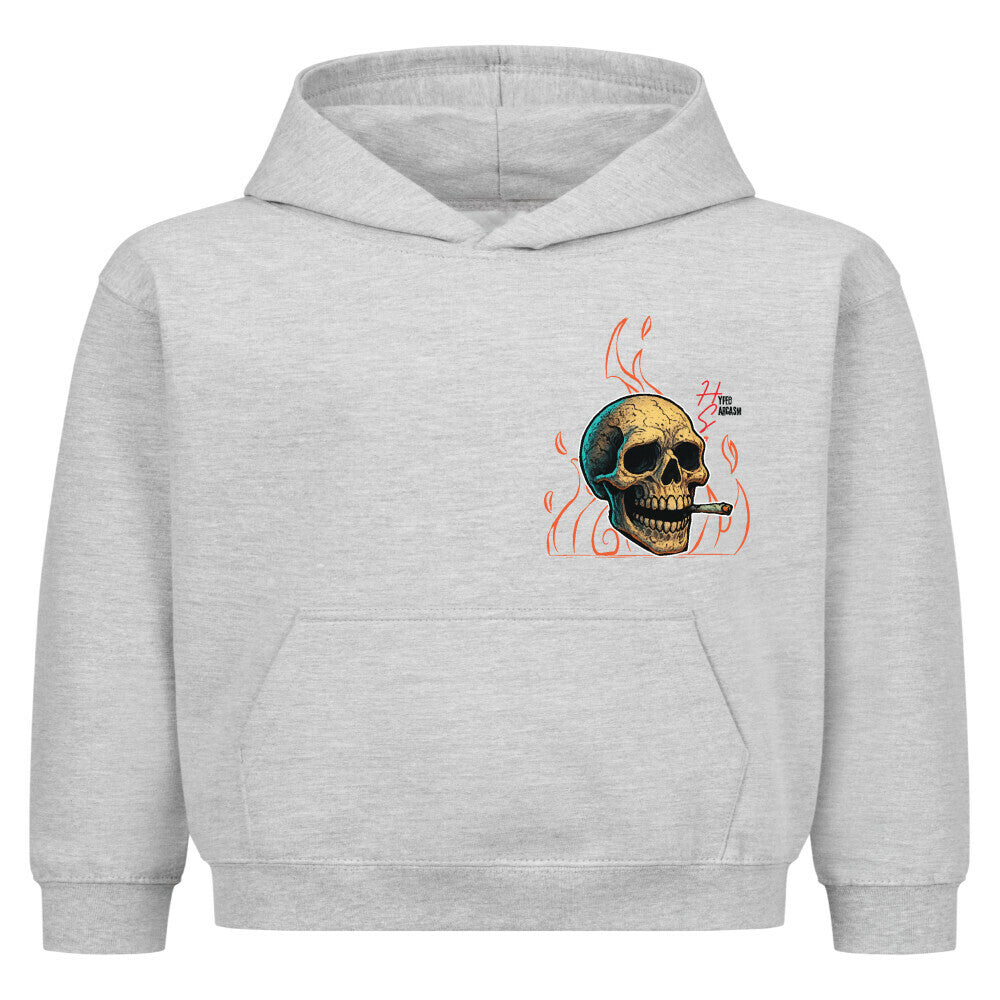 Hoodie Kids in Heather Grey mit Halloween Skelett Motiv und Hyped Sarcasm Logo auf Brusthöhe Vorderansicht
