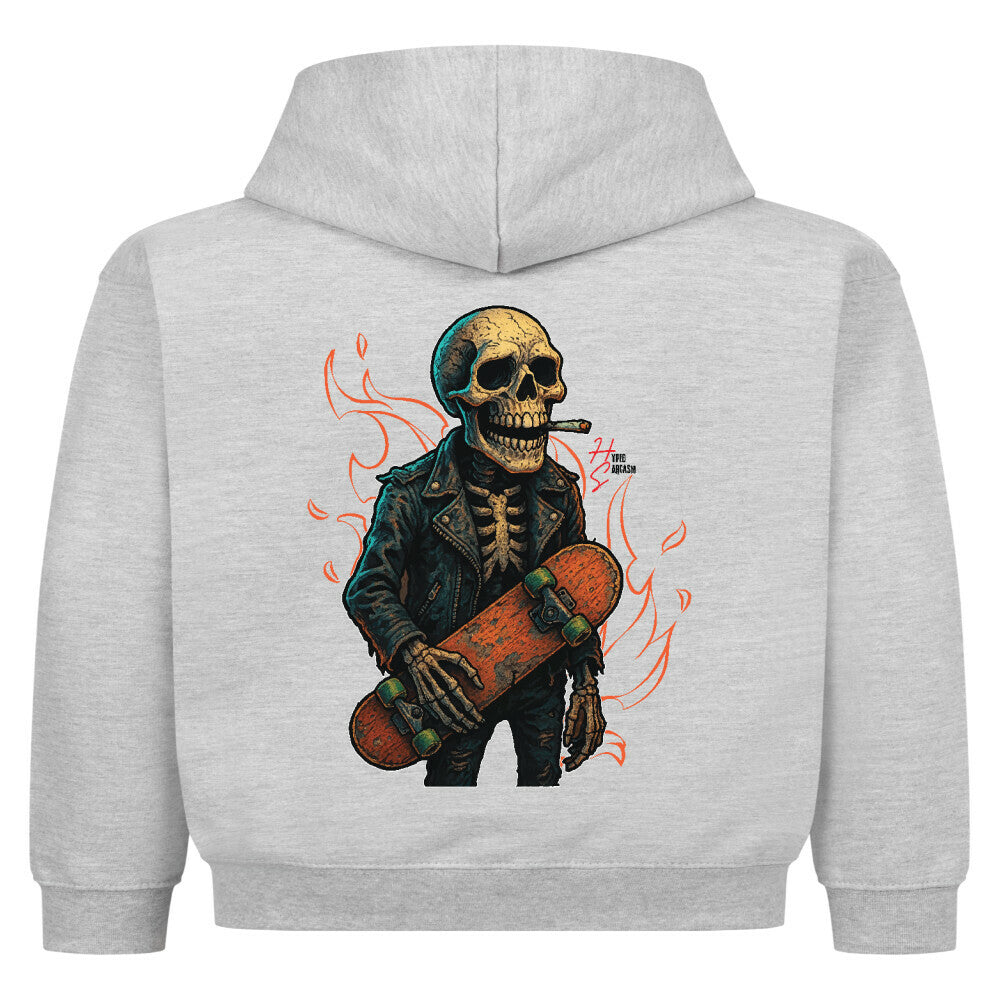 Hoodie Kids in Heather Grey mit Halloween Skelett Motiv und Hyped Sarcasm Logo Rückansicht