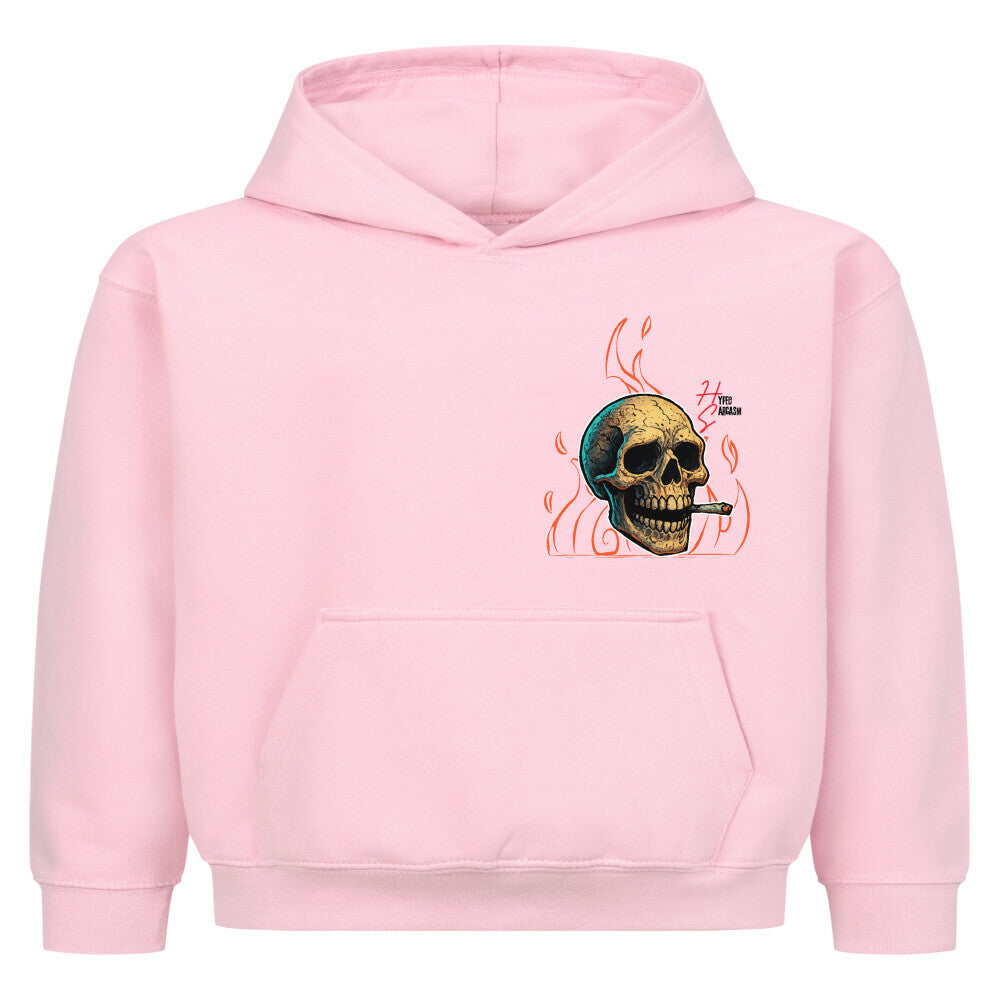 Hoodie Kids in Pink mit Halloween Skelett Motiv und Hyped Sarcasm Logo auf Brusthöhe Vorderansicht