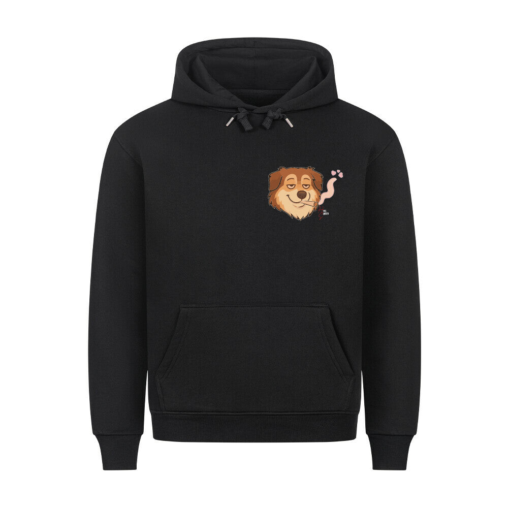HigherBlanks Premium Hoodie in Schwarz mit entspanntem Hund Motiv und Hyped Sarcasm Logo auf Brusthöhe Vorderansicht