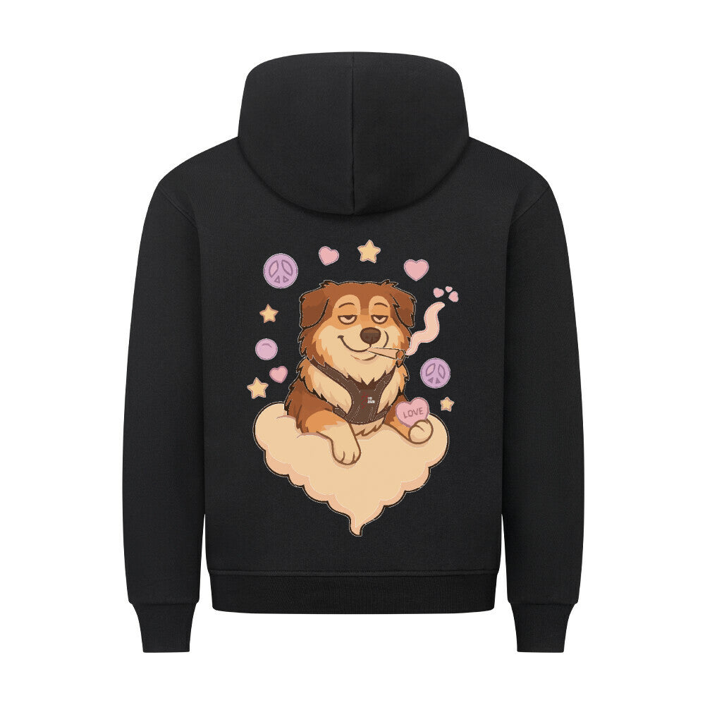 HigherBlanks Premium Hoodie in Schwarz mit entspanntem Hund Motiv und Hyped Sarcasm Logo Rückansicht