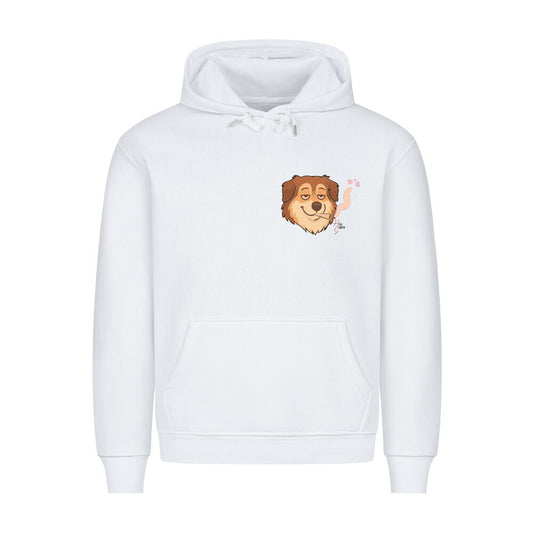 HigherBlanks Premium Hoodie in Weiß mit entspanntem Hund Motiv und Hyped Sarcasm Logo auf Brusthöhe Vorderansicht