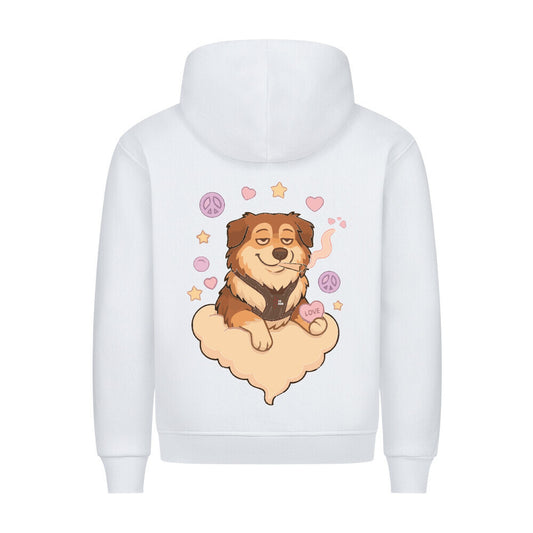 HigherBlanks Premium Hoodie in Weiß mit entspanntem Hund Motiv und Hyped Sarcasm Logo Rückansicht
