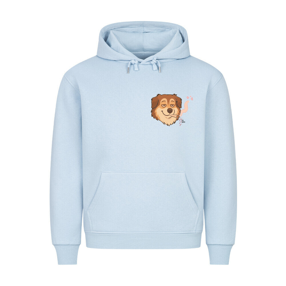 HigherBlanks Premium Hoodie in Babyblau mit entspanntem Hund Motiv und Hyped Sarcasm Logo auf Brusthöhe Vorderansicht