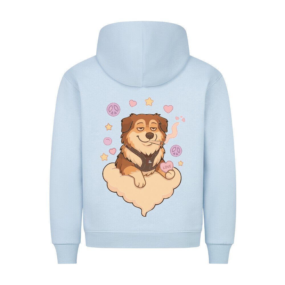 HigherBlanks Premium Hoodie in Babyblau mit entspanntem Hund Motiv und Hyped Sarcasm Logo Rückansicht