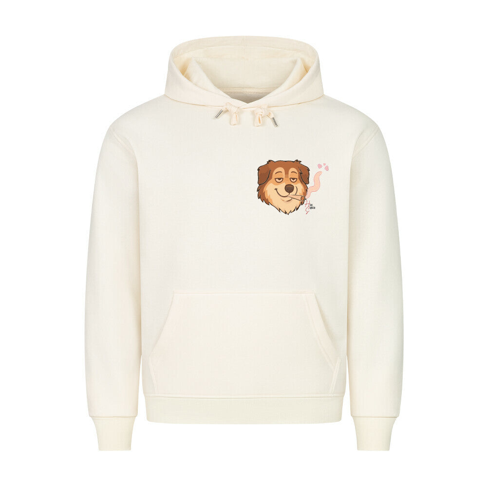 HigherBlanks Premium Hoodie in Beige mit entspanntem Hund Motiv und Hyped Sarcasm Logo auf Brusthöhe Vorderansicht