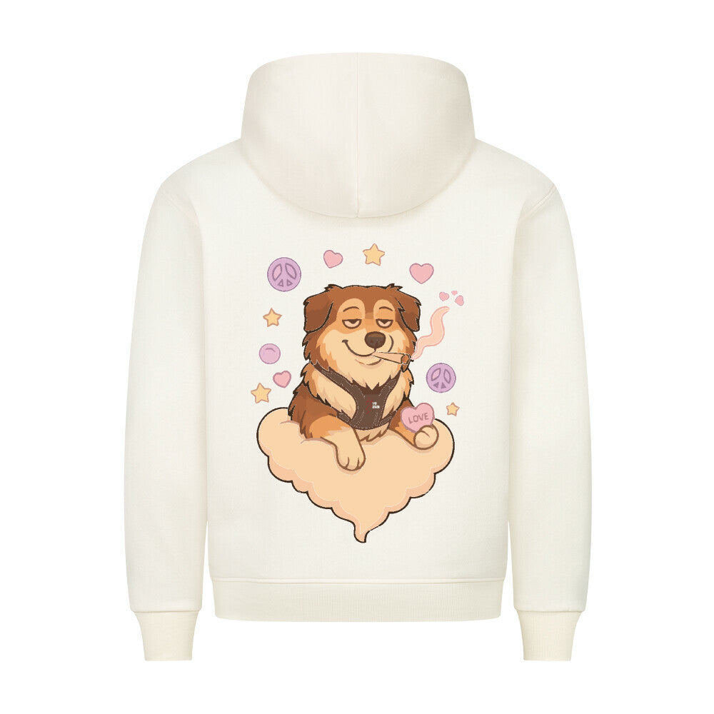 HigherBlanks Premium Hoodie in Beige mit entspanntem Hund Motiv und Hyped Sarcasm Logo Rückansicht