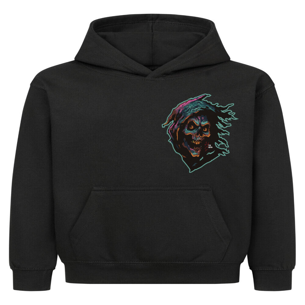 Hoodie Kids in Schwarz und Halloween Sensenmann Motiv und Hyped Sarcasm Logo auf Brusthöhe Vorderansicht
