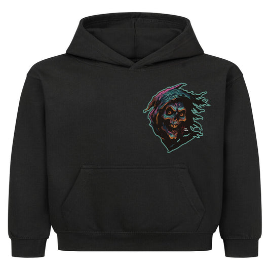 Hoodie Kids in Schwarz und Halloween Sensenmann Motiv und Hyped Sarcasm Logo auf Brusthöhe Vorderansicht