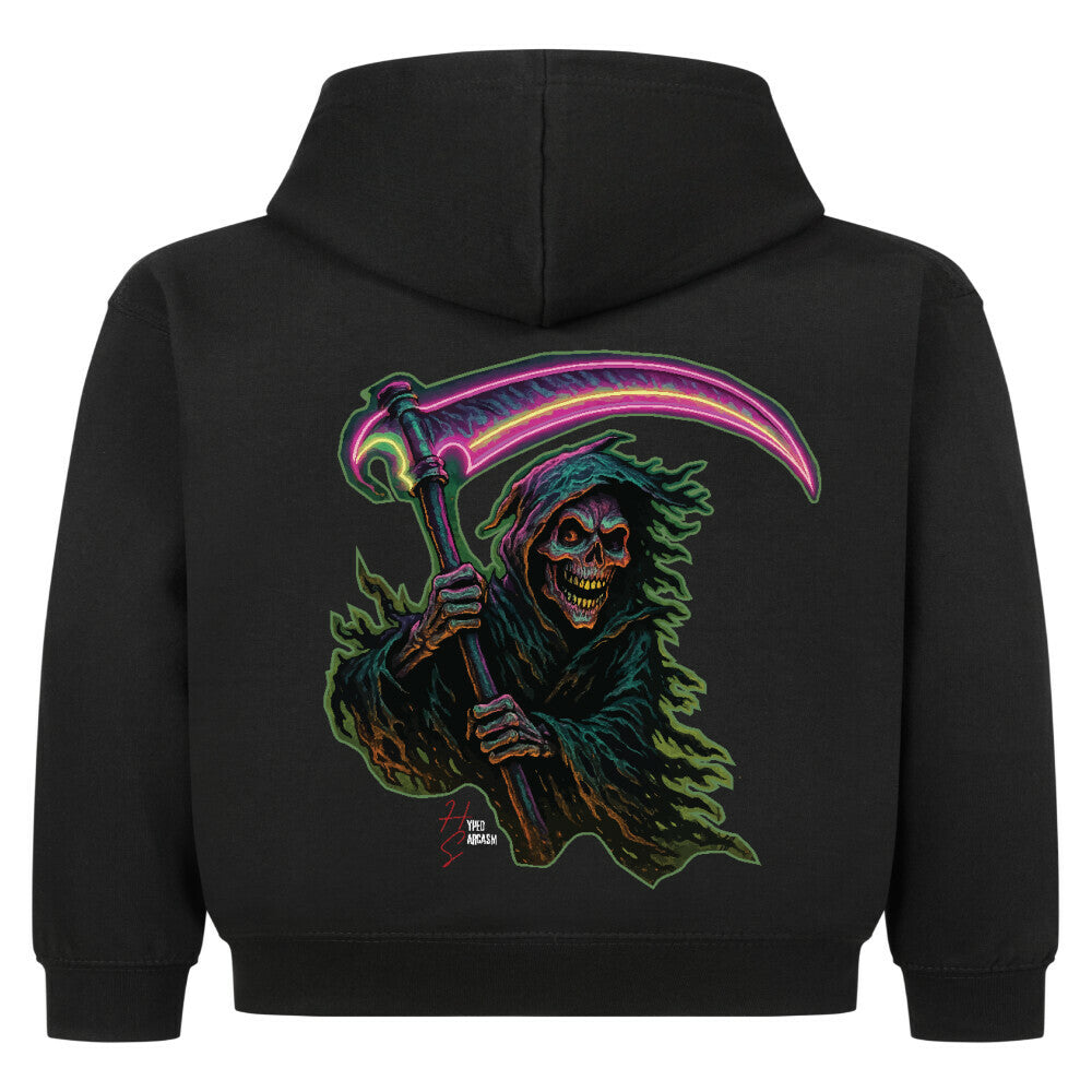 Hoodie Kids in Schwarz und Halloween Sensenmann Motiv und Hyped Sarcasm Logo Rückansicht