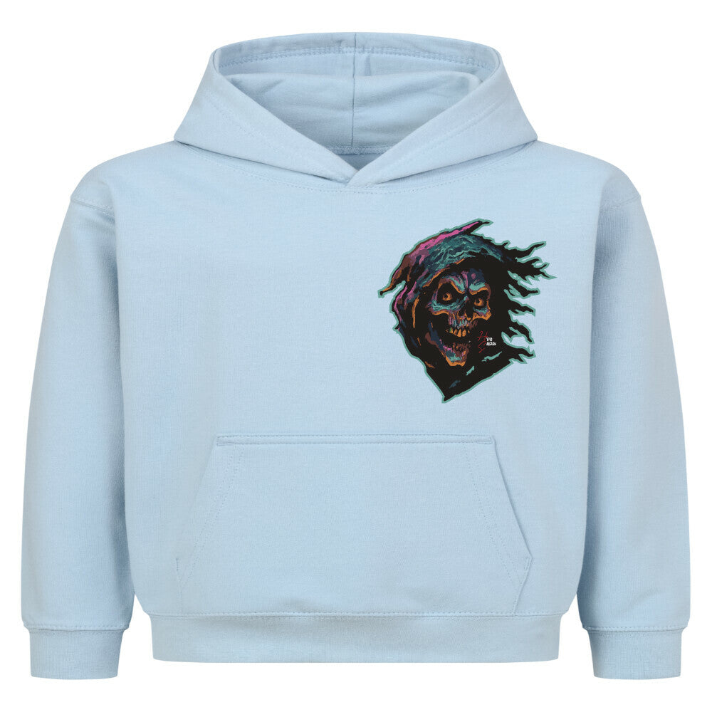 Hoodie Kids in Babyblau und Halloween Sensenmann Motiv und Hyped Sarcasm Logo auf Brusthöhe Vorderansicht