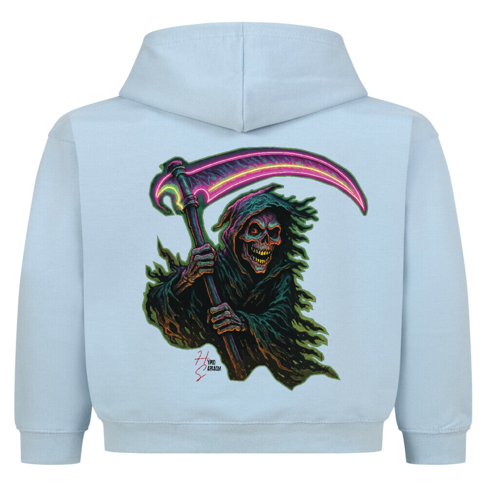 Hoodie Kids in Babyblau und Halloween Sensenmann Motiv und Hyped Sarcasm Logo Rückansicht