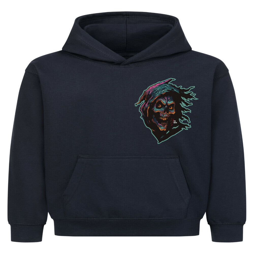 Hoodie Kids in French Navy und Halloween Sensenmann Motiv und Hyped Sarcasm Logo auf Brusthöhe Vorderansicht