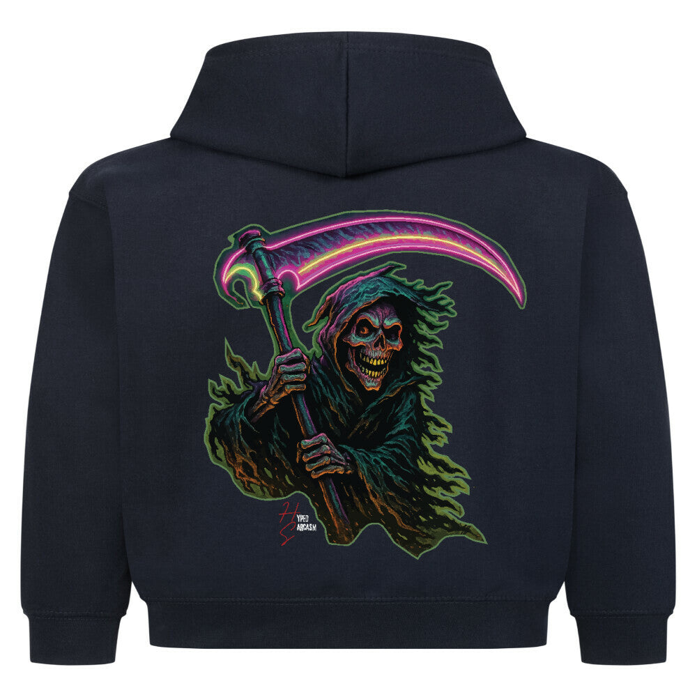 Hoodie Kids in French Navy und Halloween Sensenmann Motiv und Hyped Sarcasm Logo Rückansicht