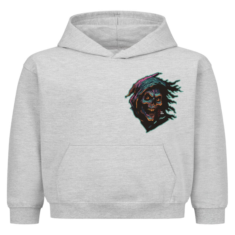 Hoodie Kids in Heather Grey und Halloween Sensenmann Motiv und Hyped Sarcasm Logo auf Brusthöhe Vorderansicht