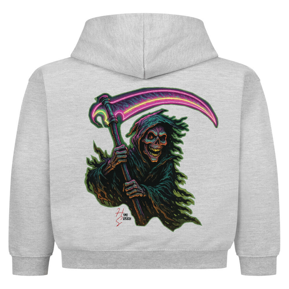 Hoodie Kids in Heather Grey und Halloween Sensenmann Motiv und Hyped Sarcasm Logo Rückansicht