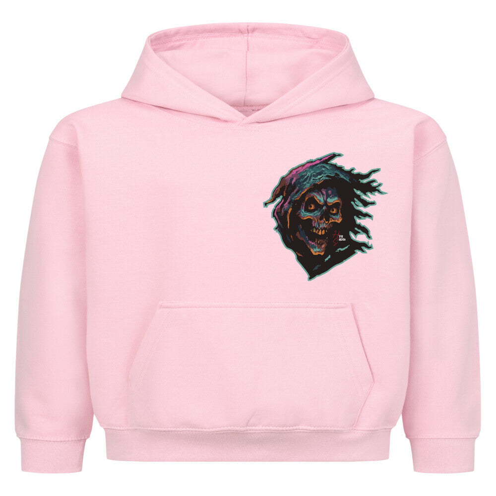 Hoodie Kids in Pink und Halloween Sensenmann Motiv und Hyped Sarcasm Logo auf Brusthöhe Vorderansicht