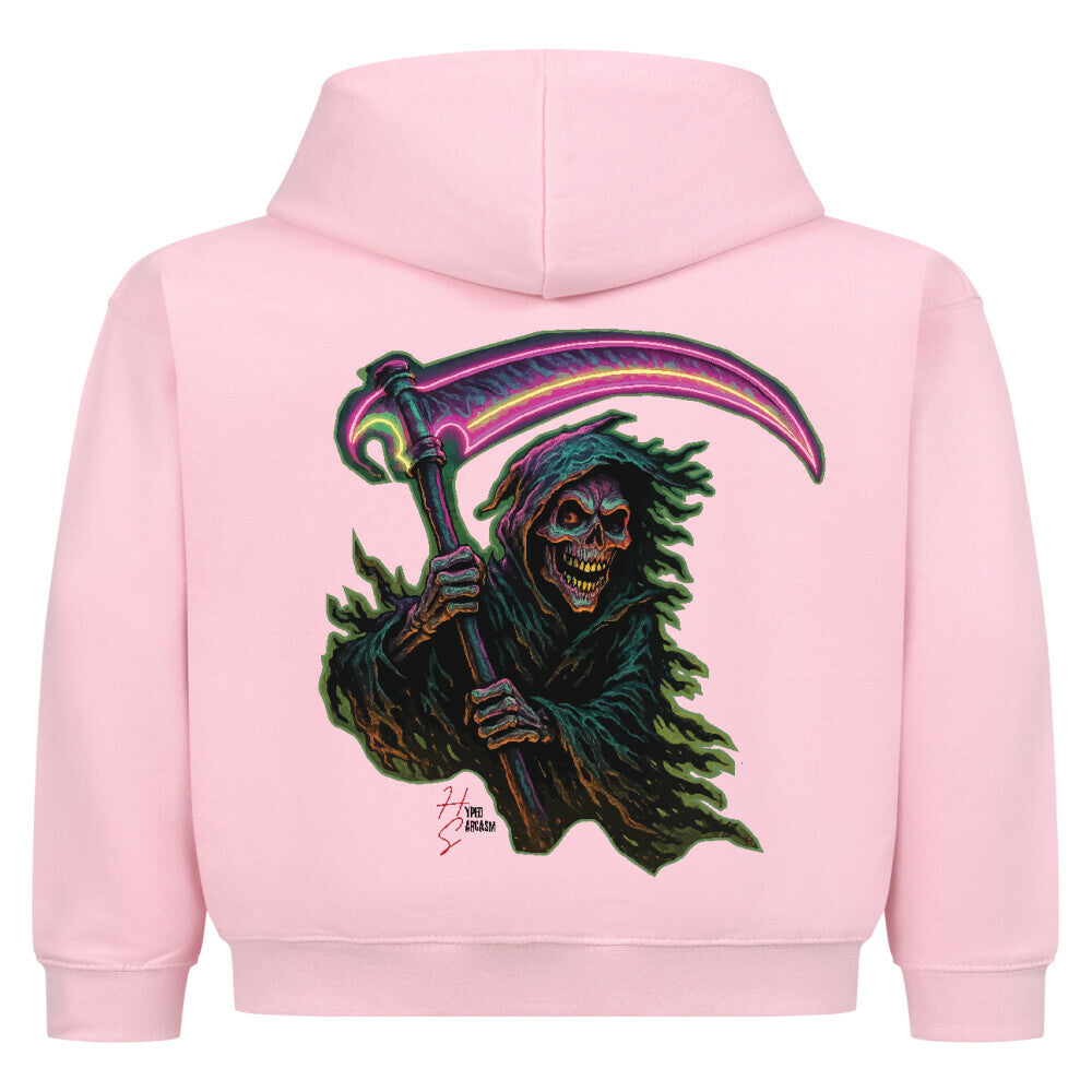 Hoodie Kids in Pink und Halloween Sensenmann Motiv und Hyped Sarcasm Logo Rückansicht