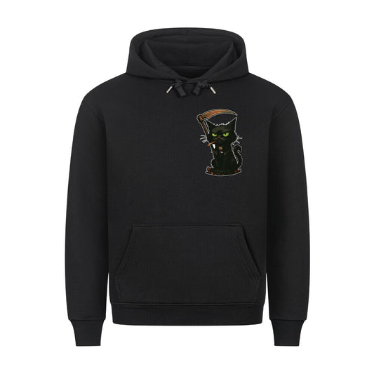 HigherBlanks Premium Hoodie in Schwarz mit Halloween Katzen Motiv und Hyped Sarcasm Logo auf Brusthöhe Vorderansicht