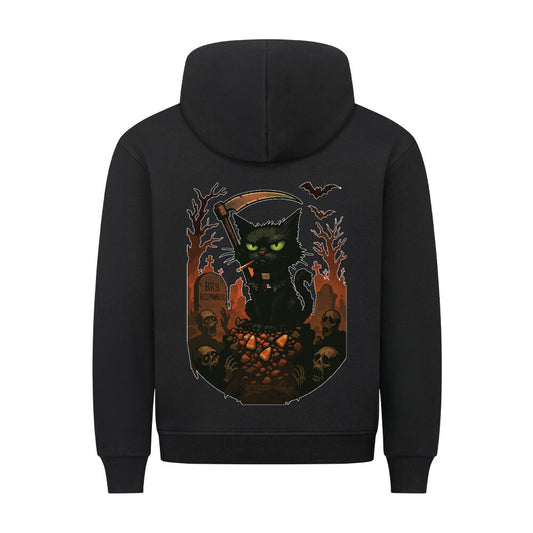 HigherBlanks Premium Hoodie in Schwarz mit Halloween Katzen Motiv und Hyped Sarcasm Logo Rückansicht
