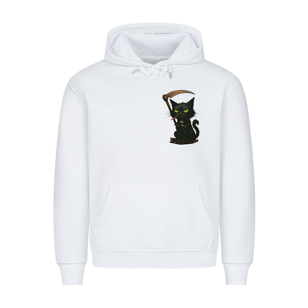 HigherBlanks Premium Hoodie in Weiß mit Halloween Katzen Motiv und Hyped Sarcasm Logo auf Brusthöhe Vorderansicht