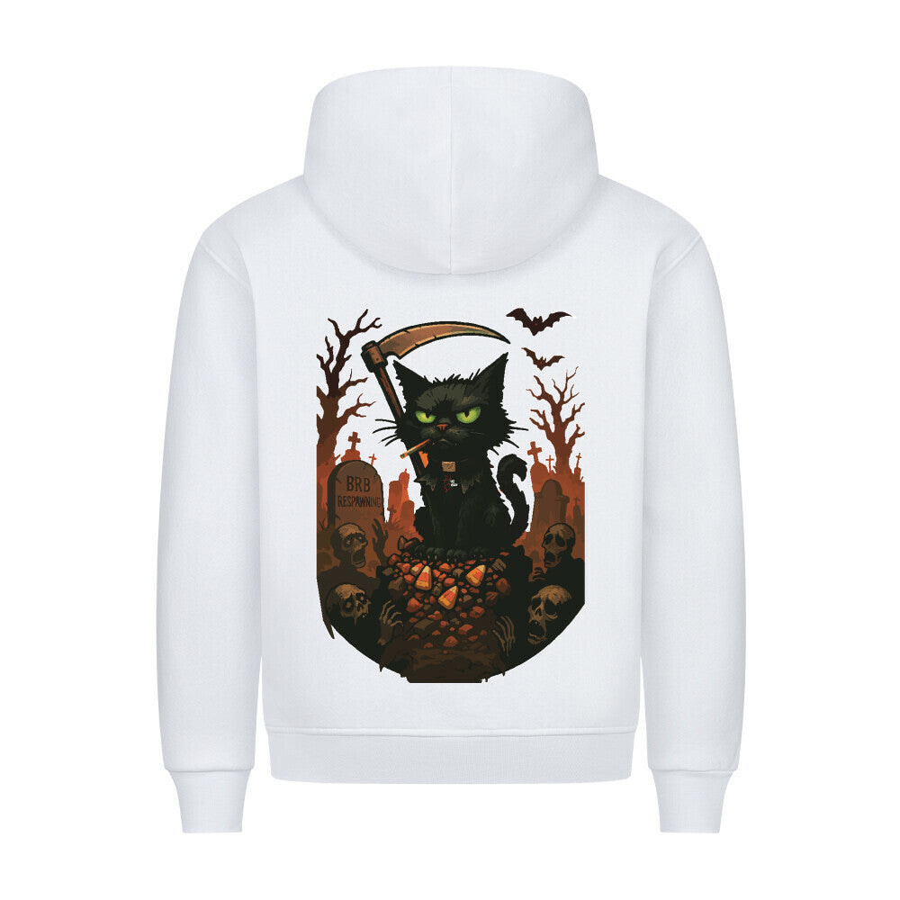 HigherBlanks Premium Hoodie in Weiß mit Halloween Katzen Motiv und Hyped Sarcasm Logo Rückansicht