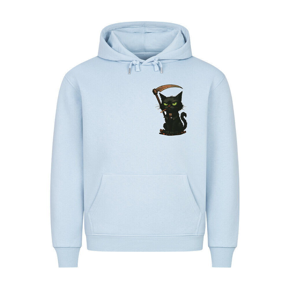 HigherBlanks Premium Hoodie in Babyblau mit Halloween Katzen Motiv und Hyped Sarcasm Logo auf Brusthöhe Vorderansicht