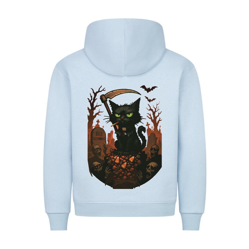 HigherBlanks Premium Hoodie in Babyblau mit Halloween Katzen Motiv und Hyped Sarcasm Logo Rückansicht