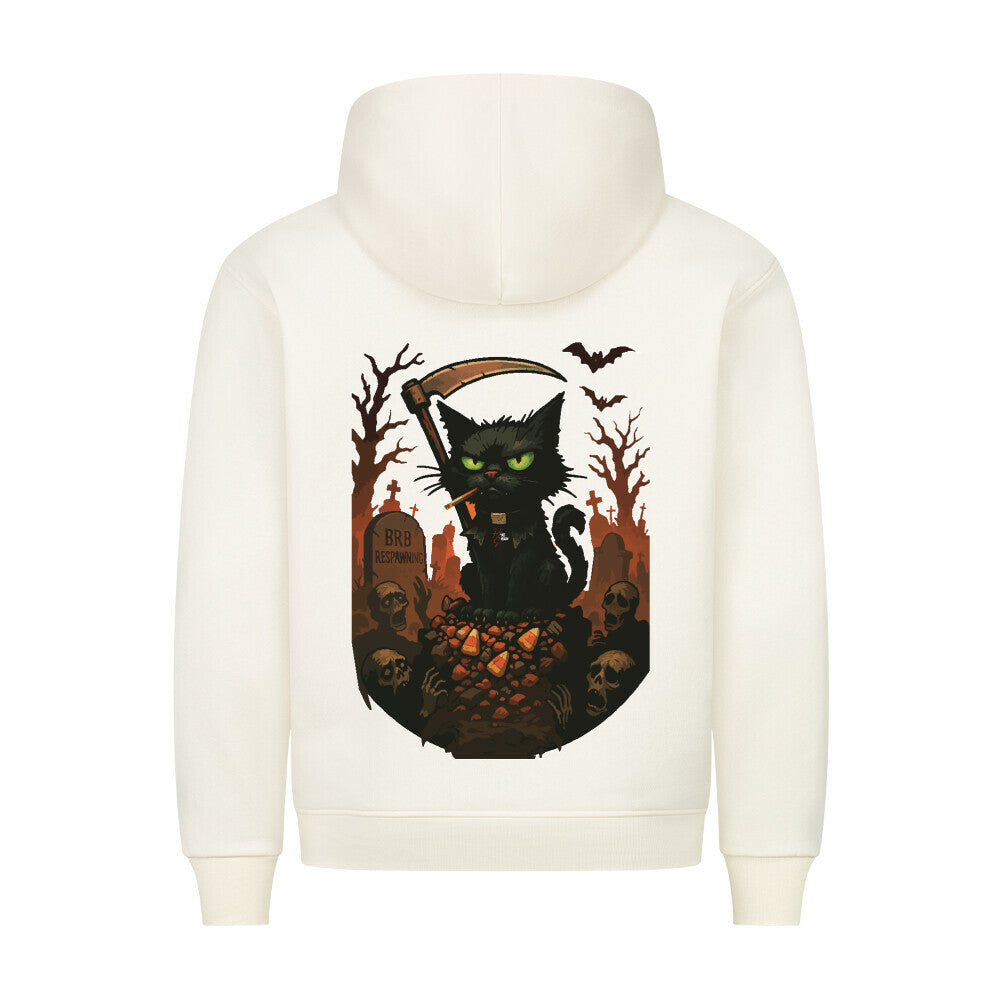 HigherBlanks Premium Hoodie in Beige mit Halloween Katzen Motiv und Hyped Sarcasm Logo Rückansicht