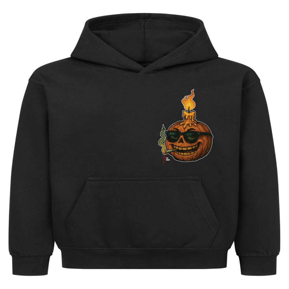 Hoodie Kids in Schwarz mit einem Halloween Kürbiskopf Motiv und Hyped Sarcasm Logo auf Brusthöhe Vorderansicht